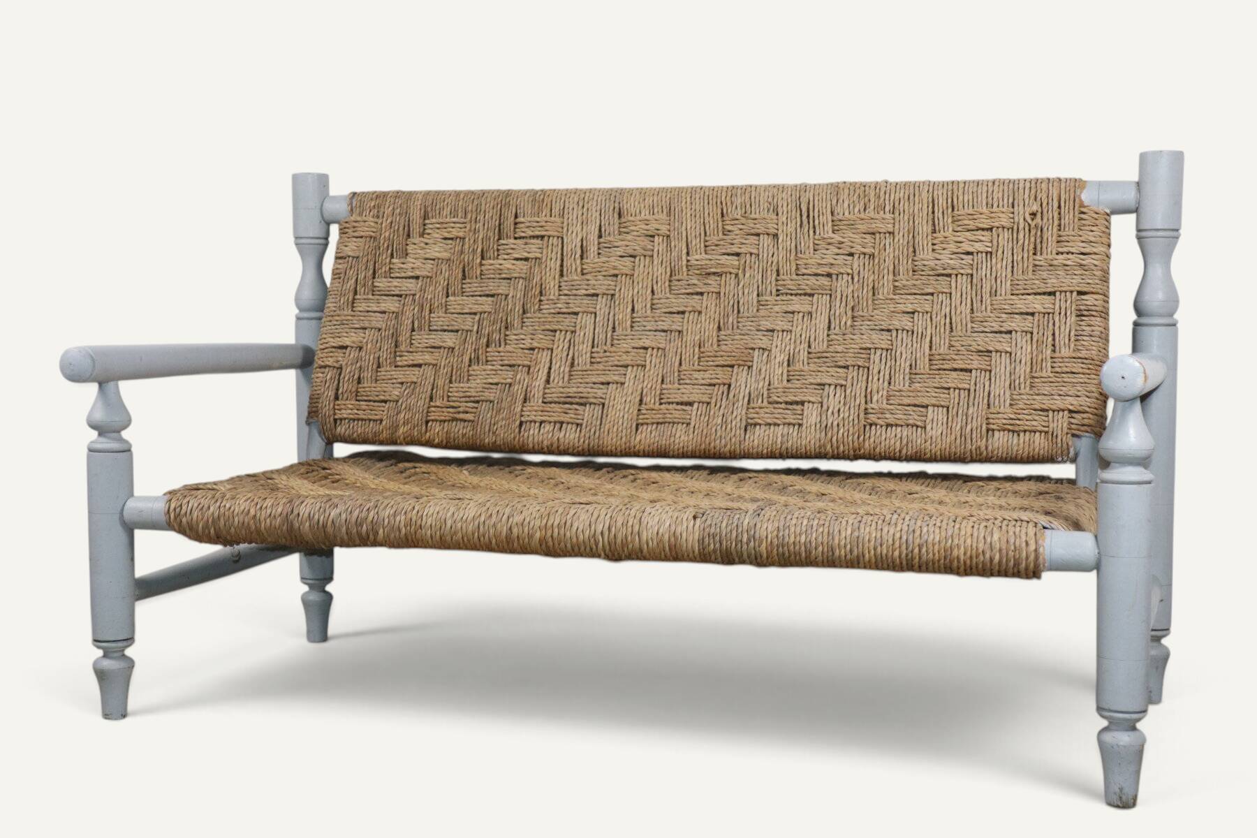 Vintage bench in braided rope and painted wood, 1950s-60s.