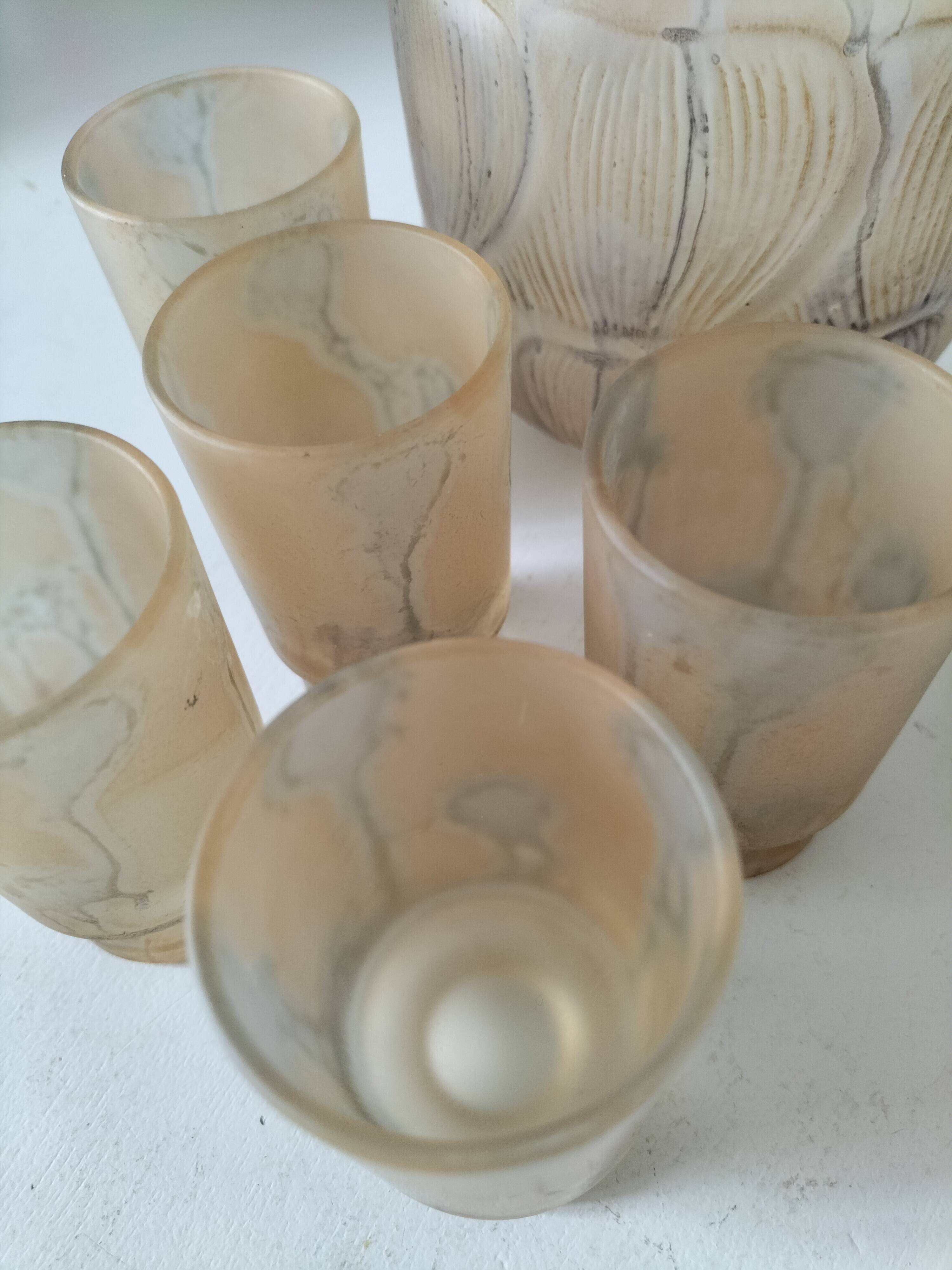 Frosted glass carafe and 6 stemmed glasses set