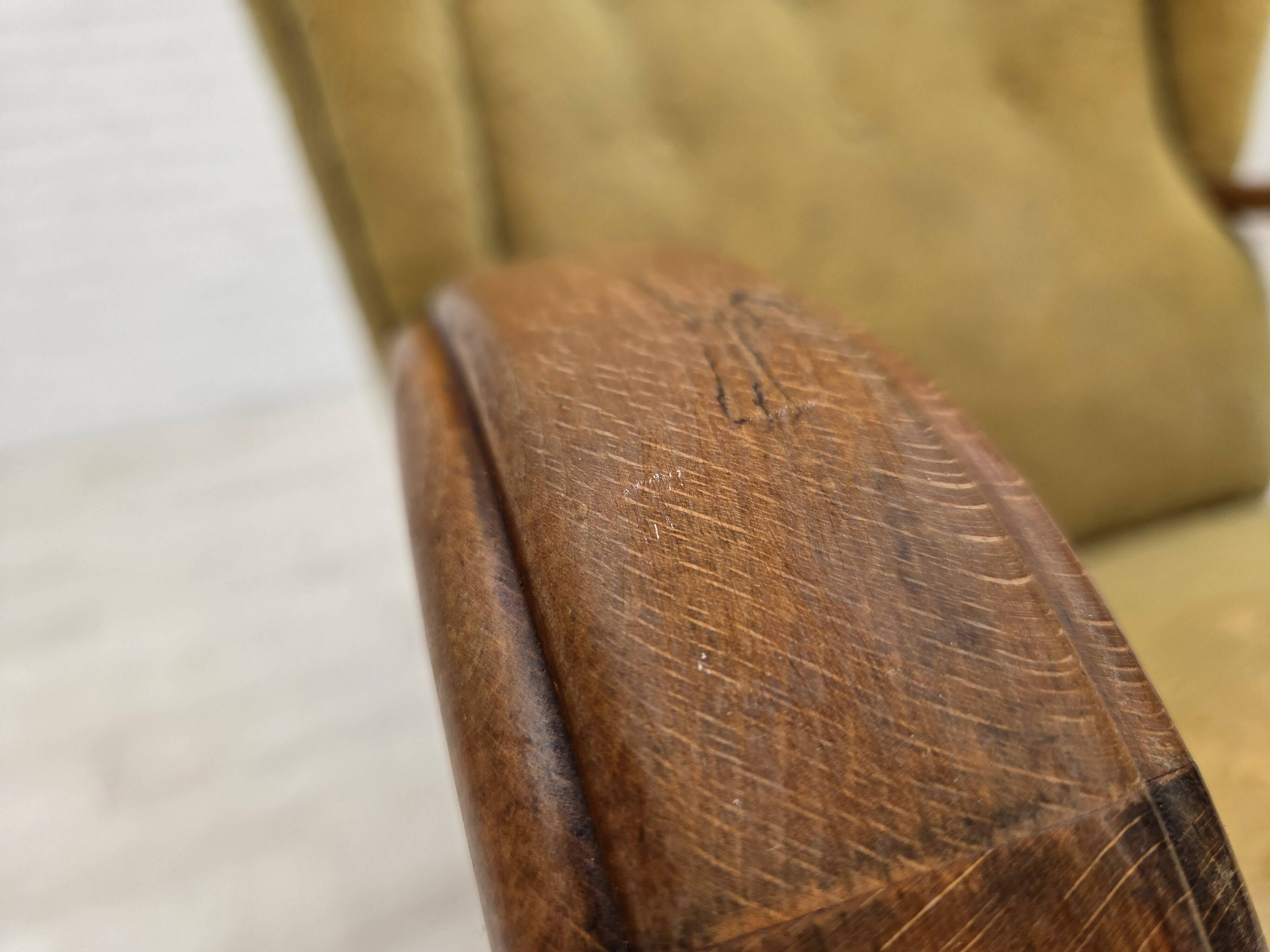 1960s, Danish armchair, light green furniture velour, beech wood.