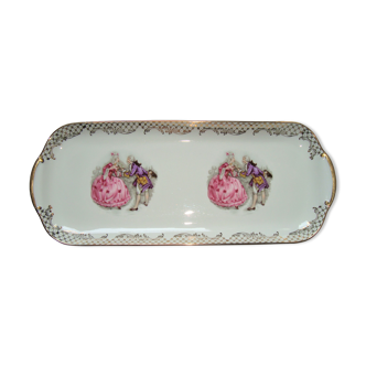 Plat à cake porcelaine de luxe bordé dorure motif couple romantique rose violet
