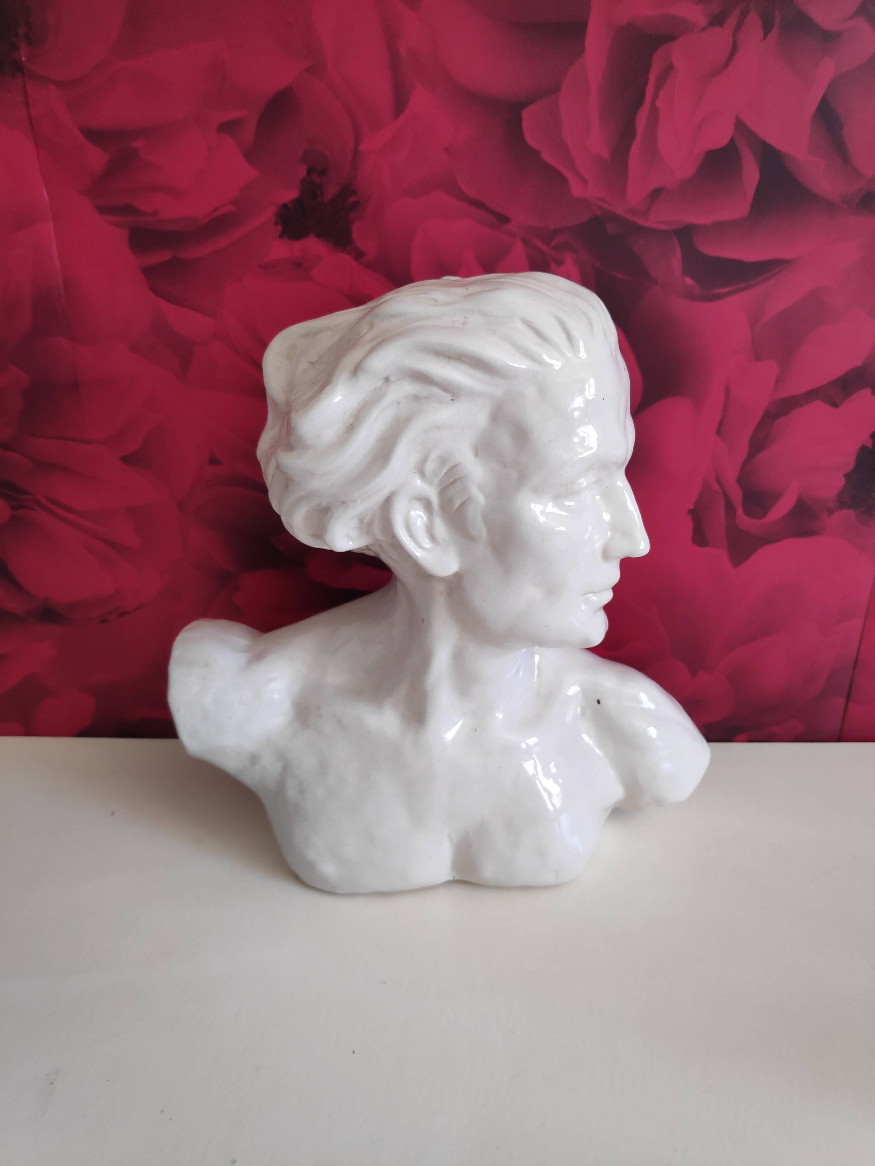 Bust of J. Mermoz in white cracked ceramic by H. Laurens