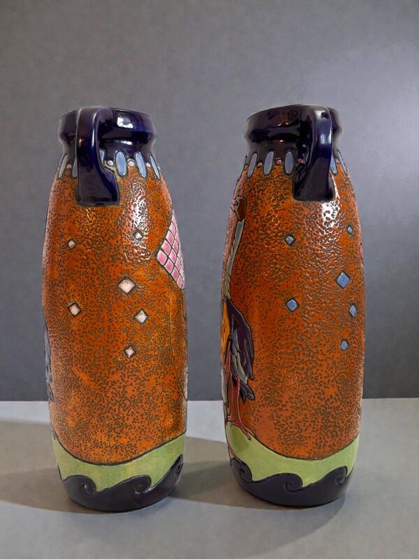 Paire vases Amphora Art Déco – Bohême années 20 – Oiseaux – 38 cm