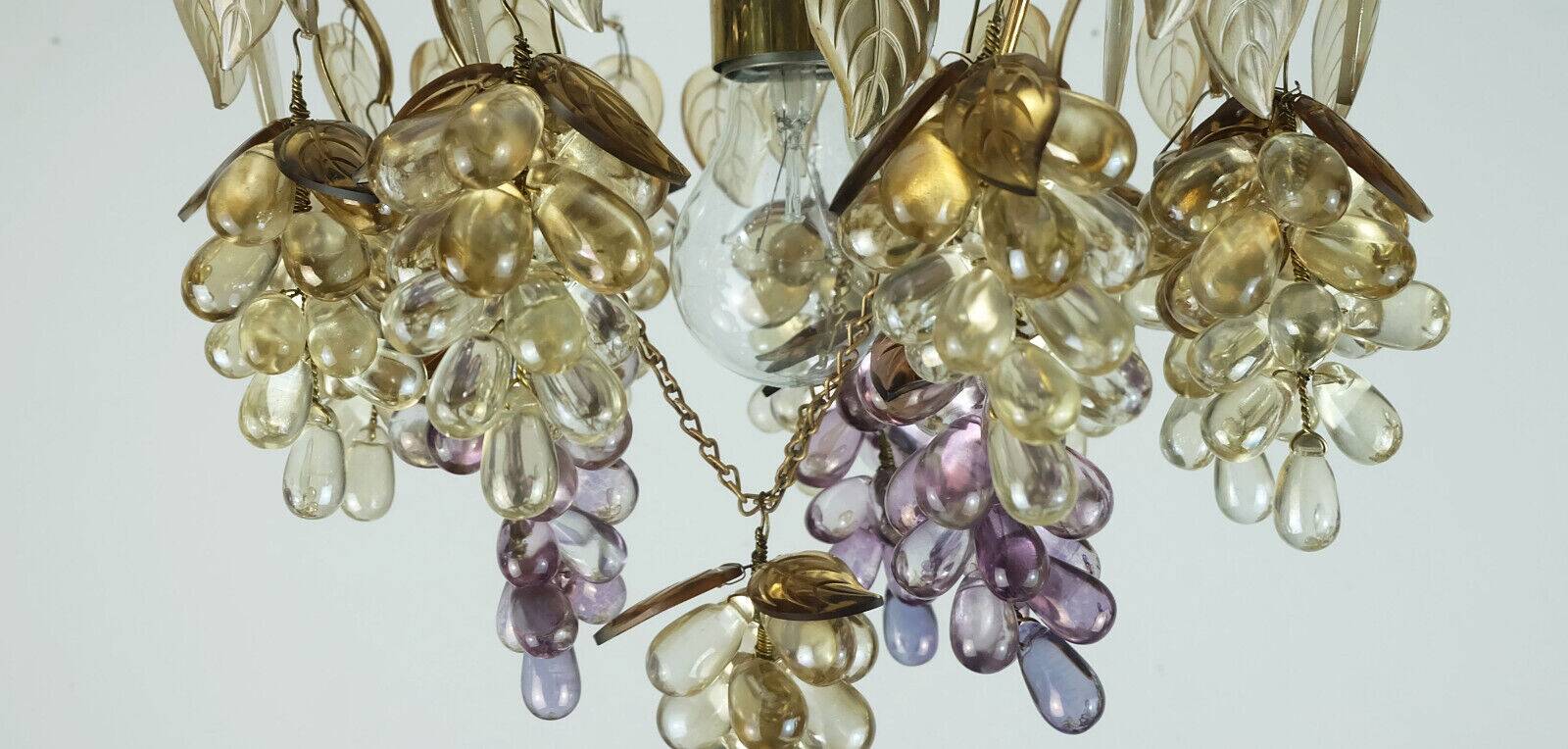 Very rare palwa mid century chandelier 1970s crystal glass and gilt brass grapes and leaves