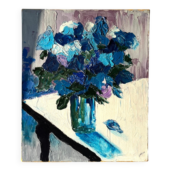 Tableau nature morte florale contemporaine, fleurs bleues, J. Heguy