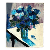 Contemporary still life with flowers, blue flowers, J. Heguy
