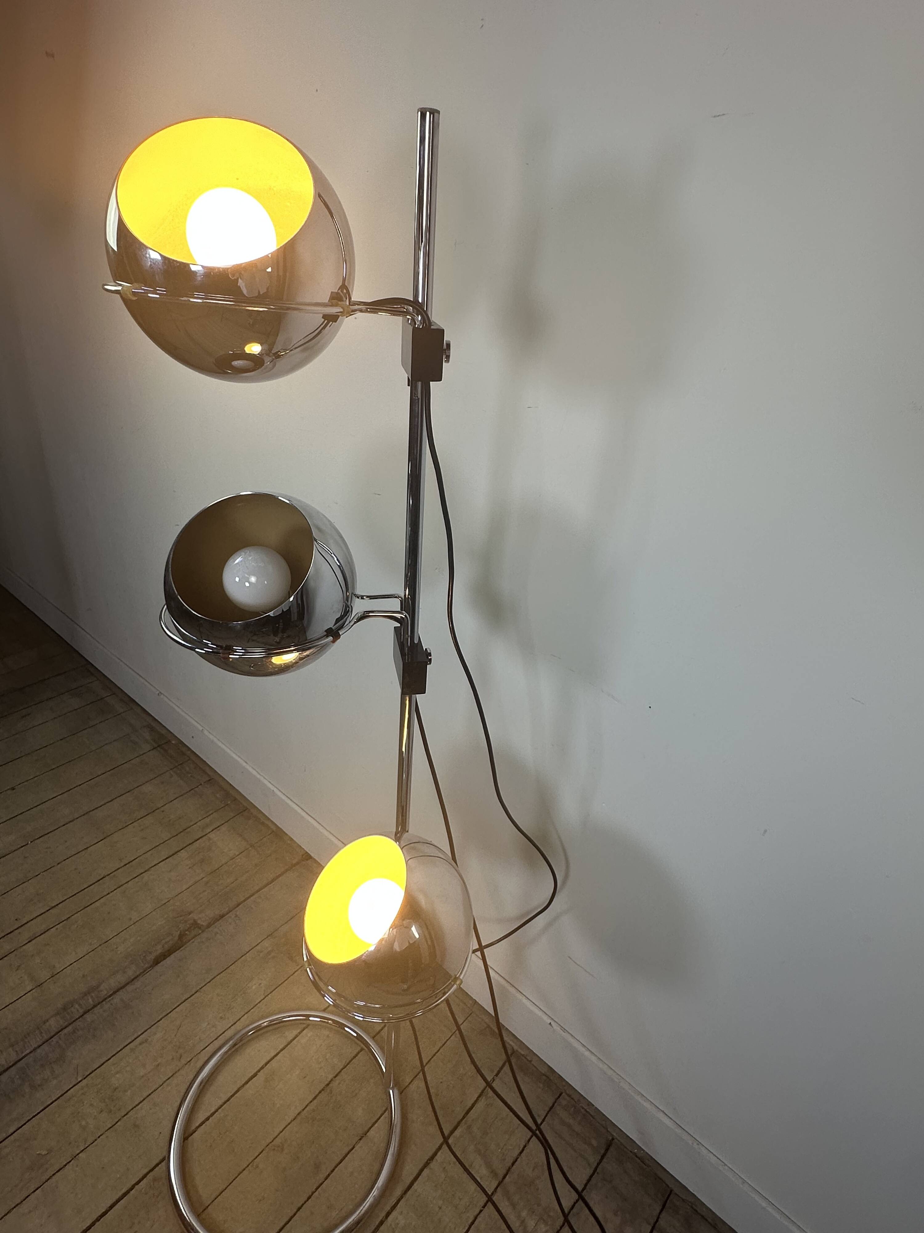 Lampadaire Vintage Space Age "Eyeball" 3 Globes Chromés 1970'S