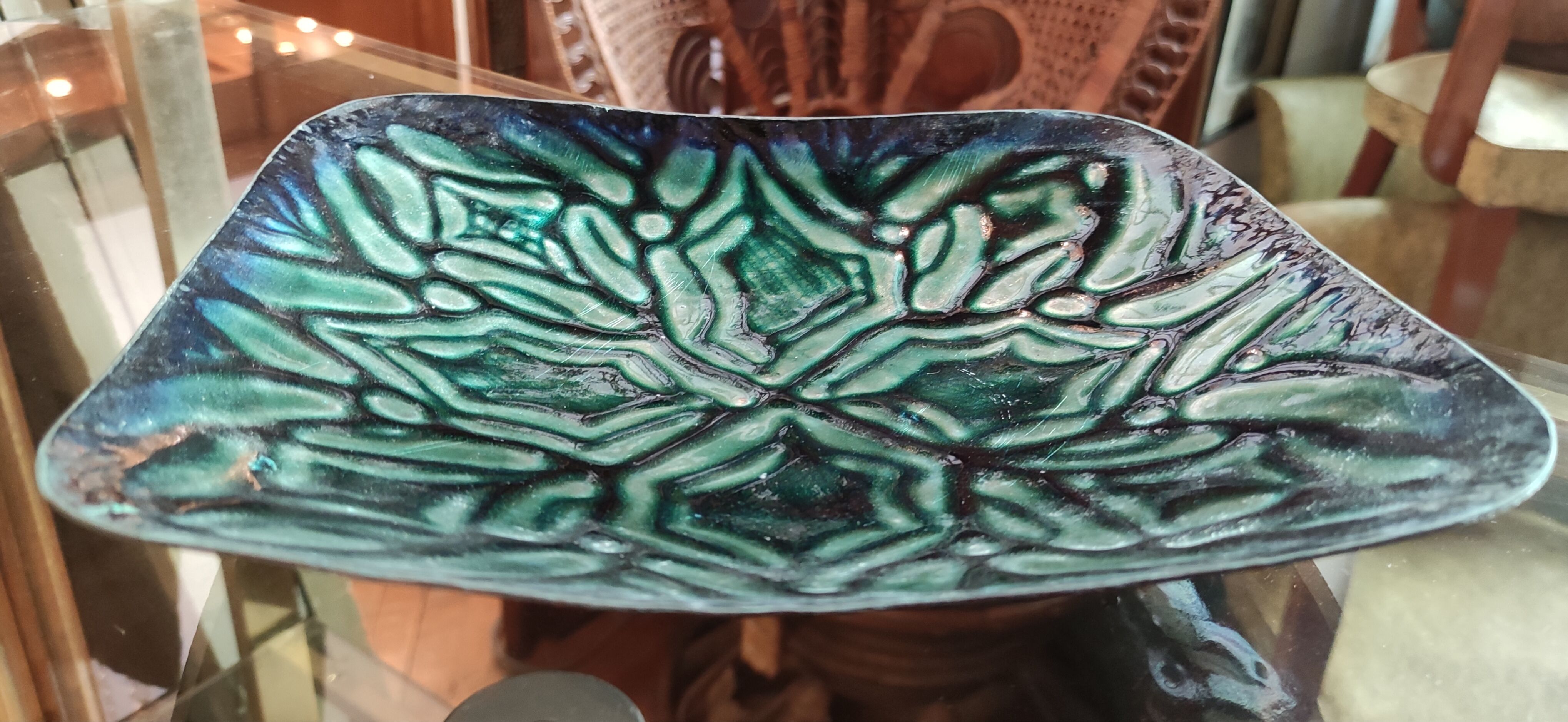 Old small empty dish enamelled copper pocket