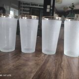 Set of 4 orangeade glasses, vintage Long Drink lemonade in opaque white sandblasted glass and gold edging