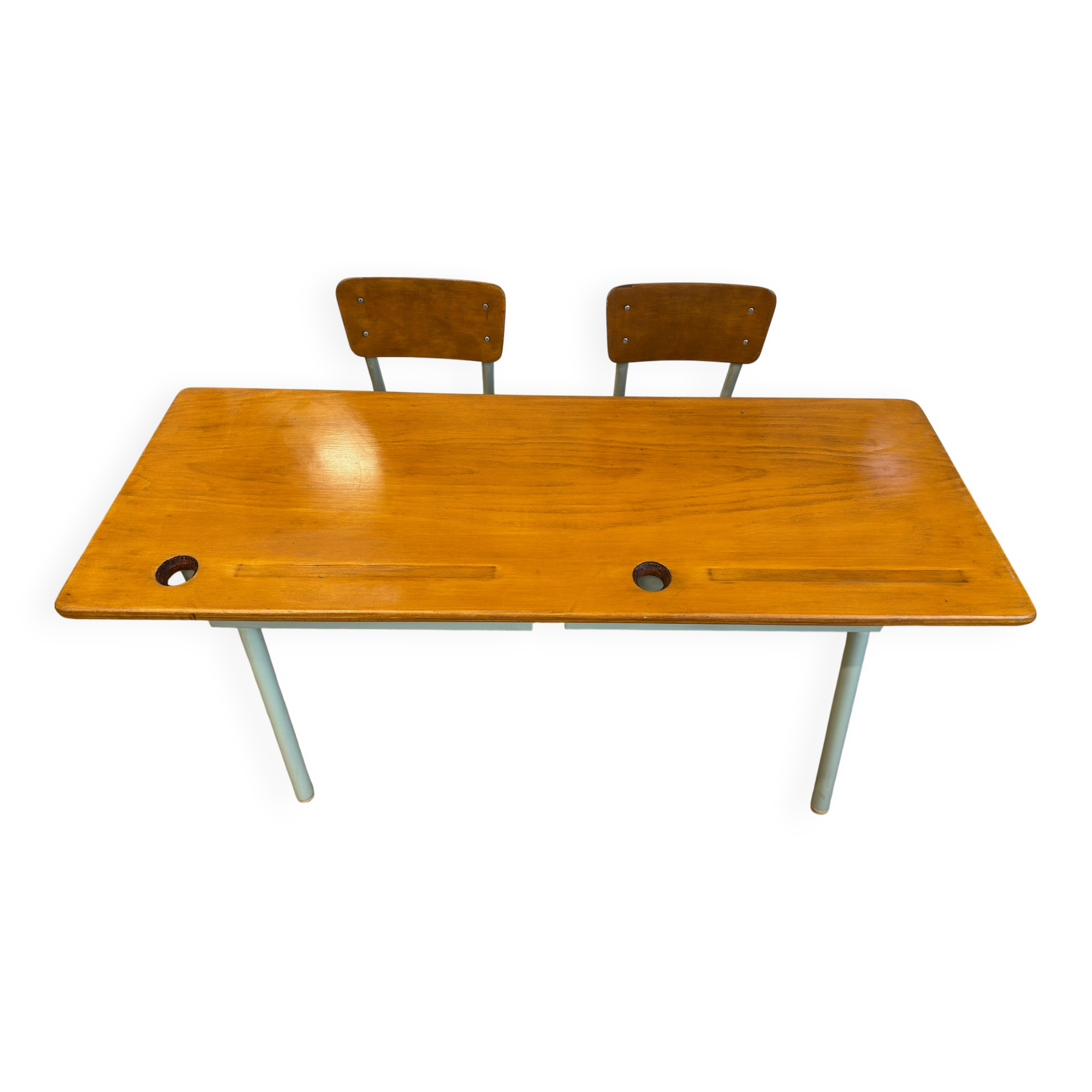 Ancien pupitre double d’écolier –  bois et métal