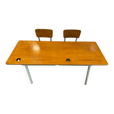 Ancien pupitre double d’écolier –  bois et métal