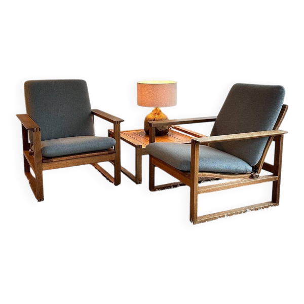 2 fauteuils traîneau 2256 + table, Børge Mogensen, Fredericia Stolefabrik, Danemark, années 50.