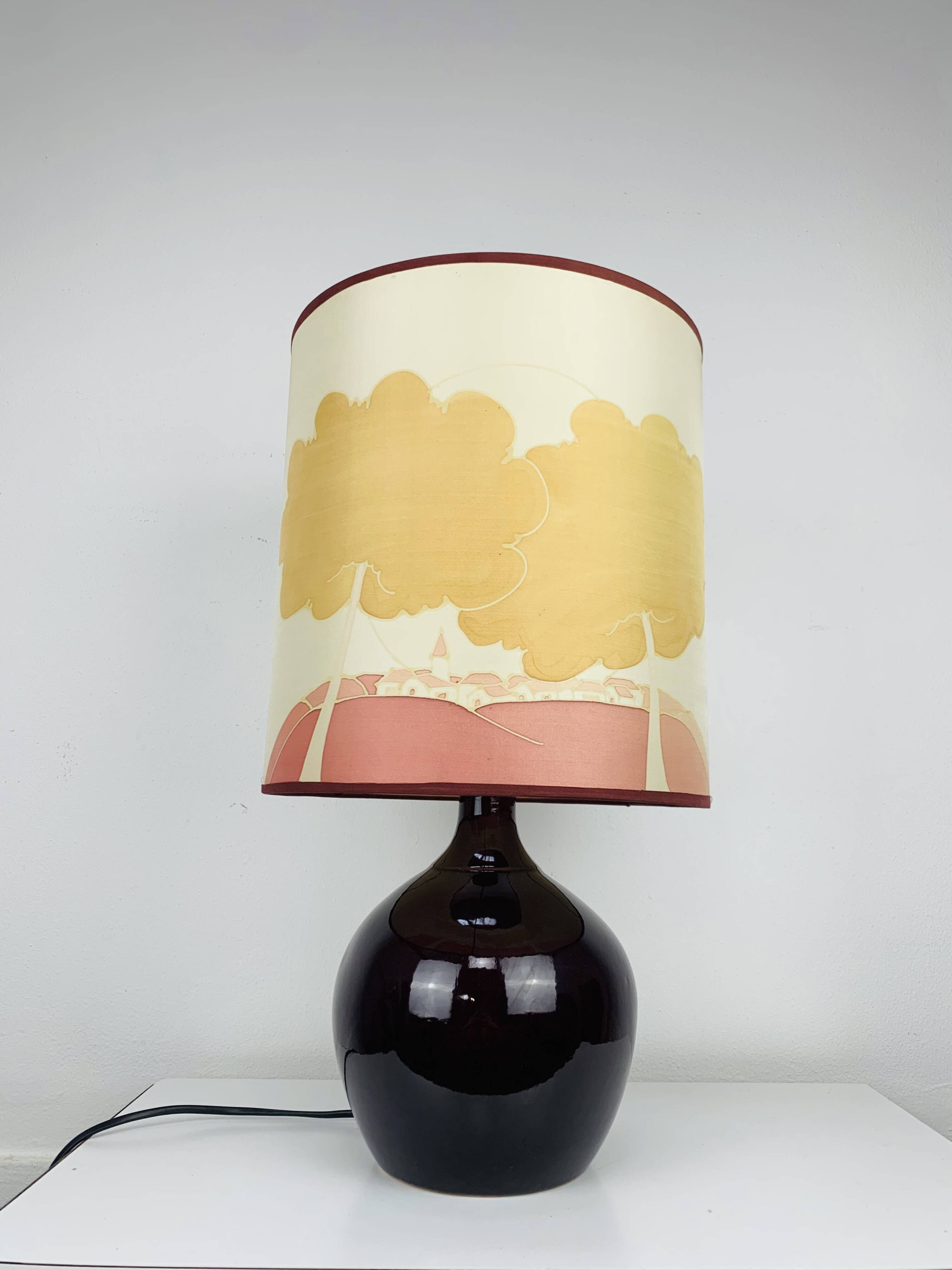 Purple ceramic ball lamp 55 cm from the 60s, silk lampshade