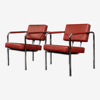 Vintage scandinavian bauhaus chrome & leather armchairs model ej 8 by torben skov, set of 2