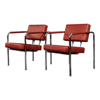 Vintage scandinavian bauhaus chrome & leather armchairs model ej 8 by torben skov, set of 2