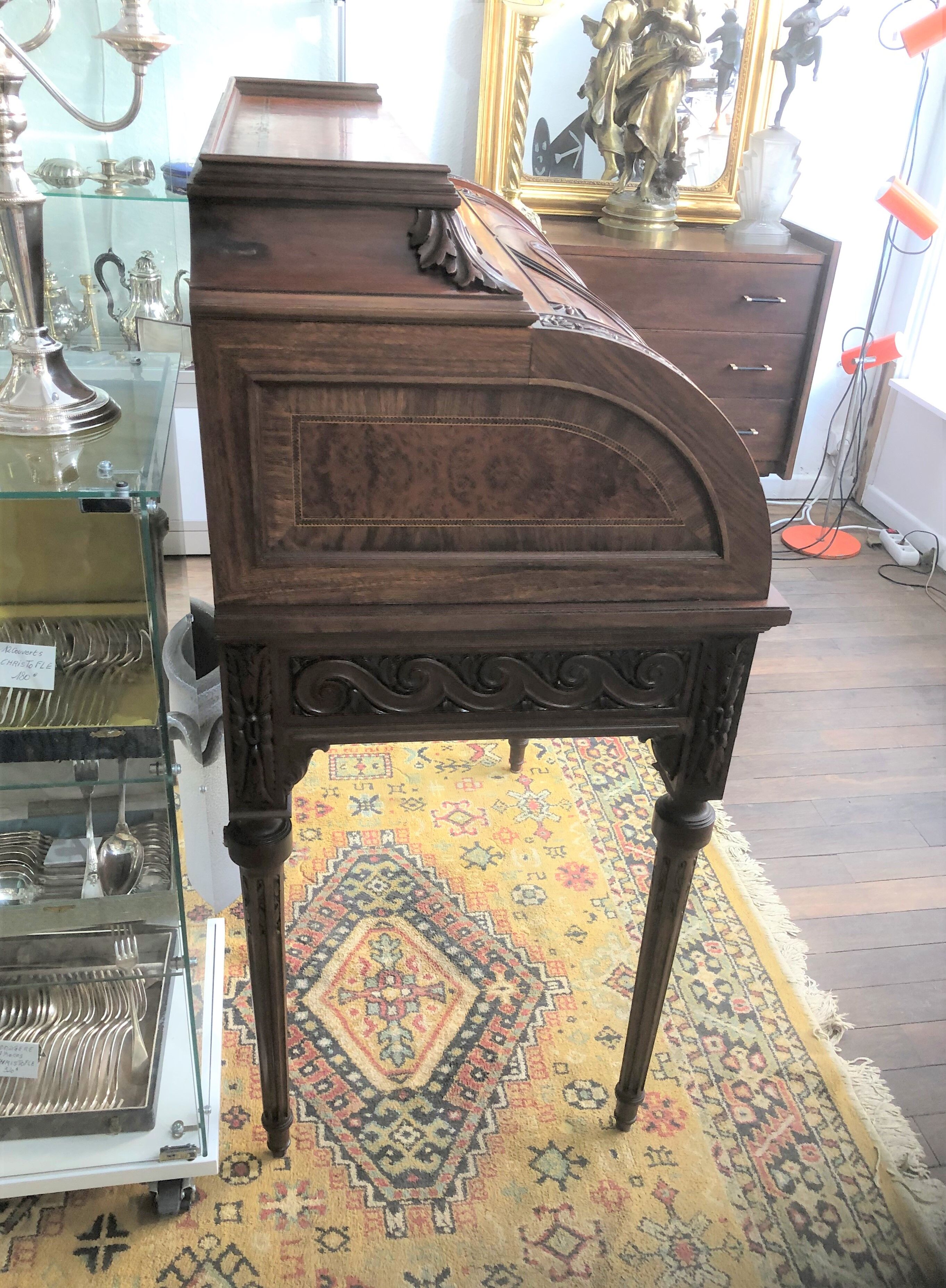 Old louis XVI style cylinder office Scriban Secretary in solid wood and marquetry