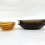Set of 5 small oval eared dishes in amber and smoked tempered glass