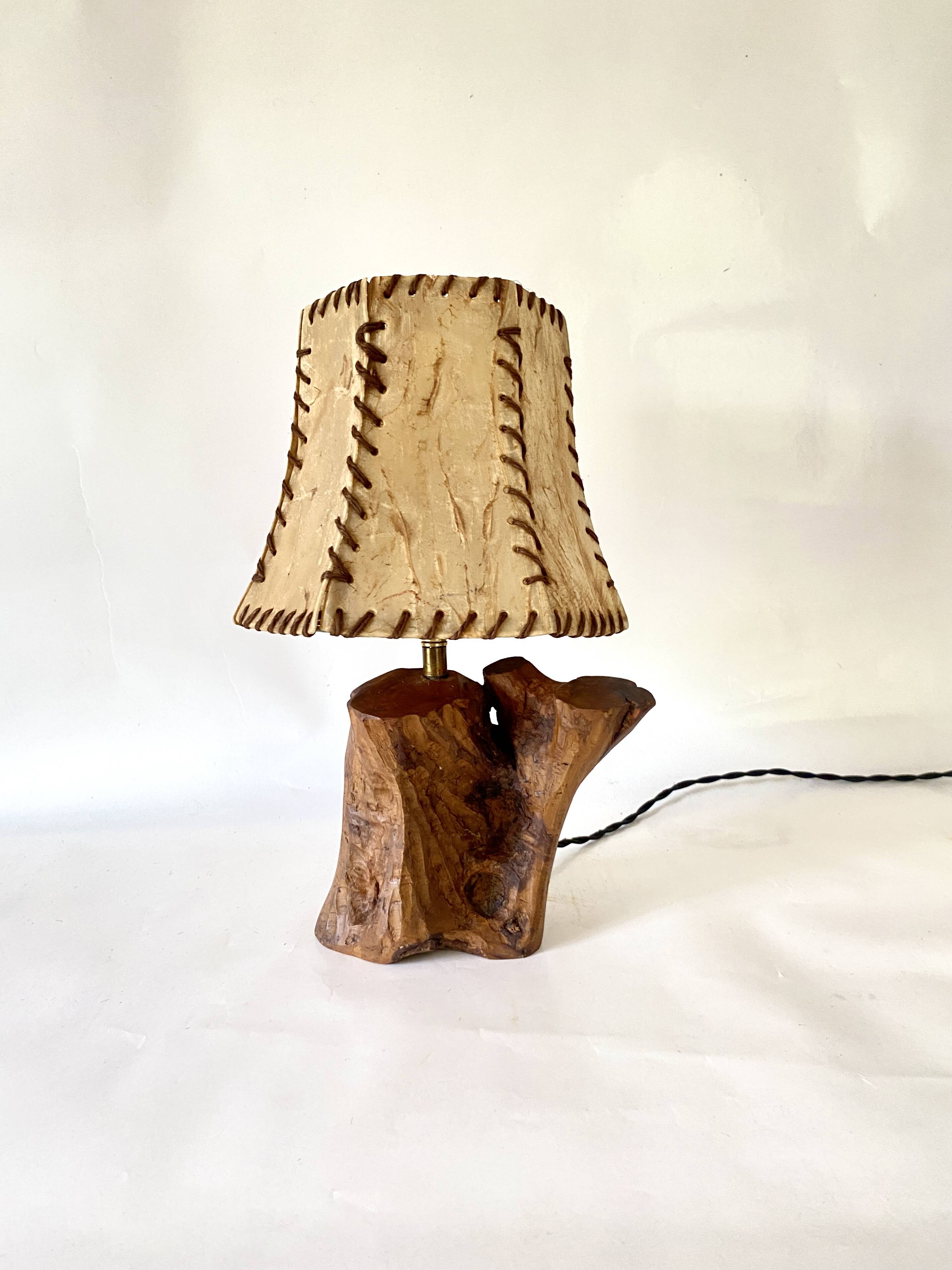 Wooden lamp, new fabric cable, cardboard lampshade