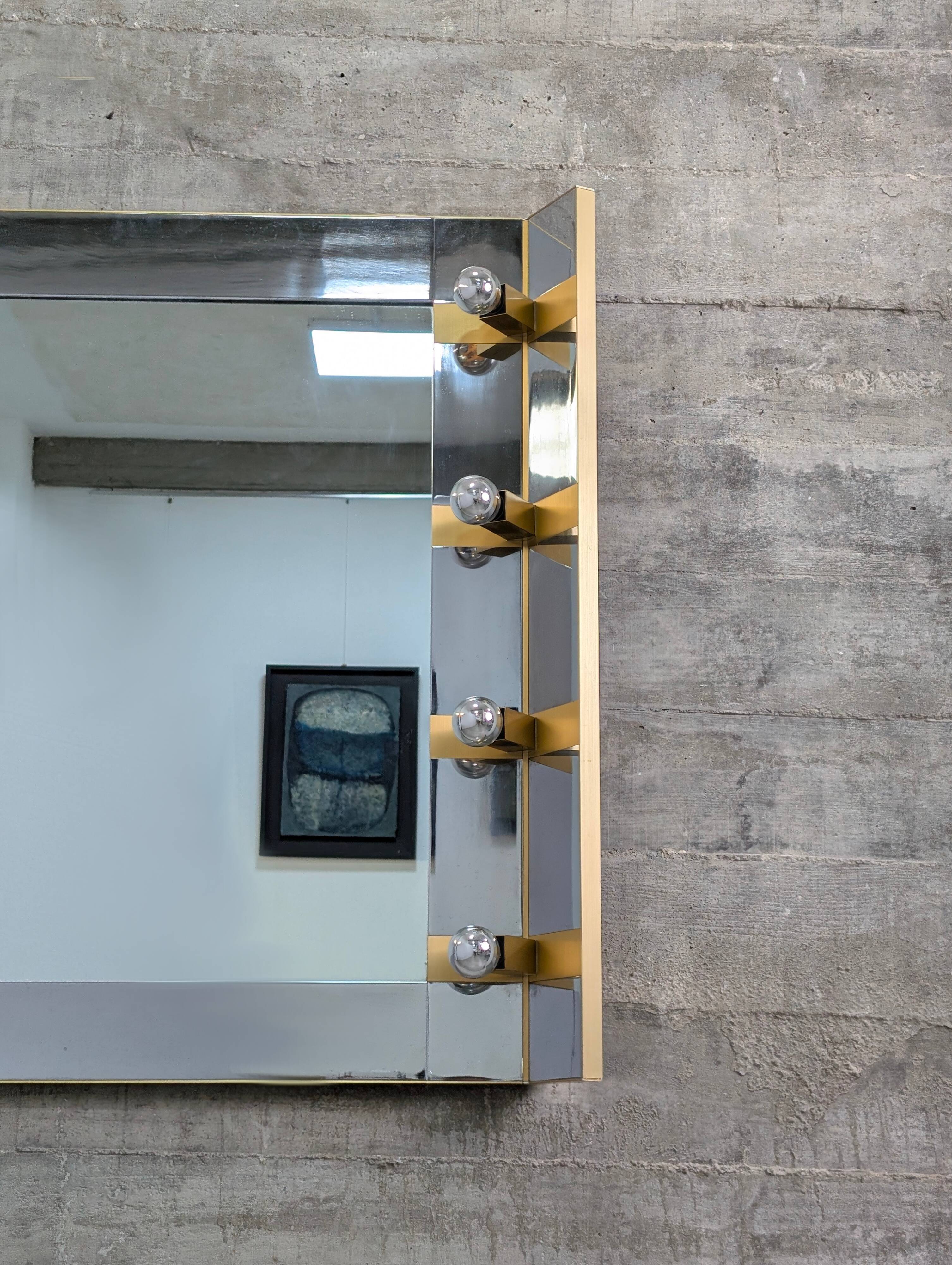 Illuminated dressing room mirror by Gaetano Sciolari in chrome and brass, Italy, 1970s