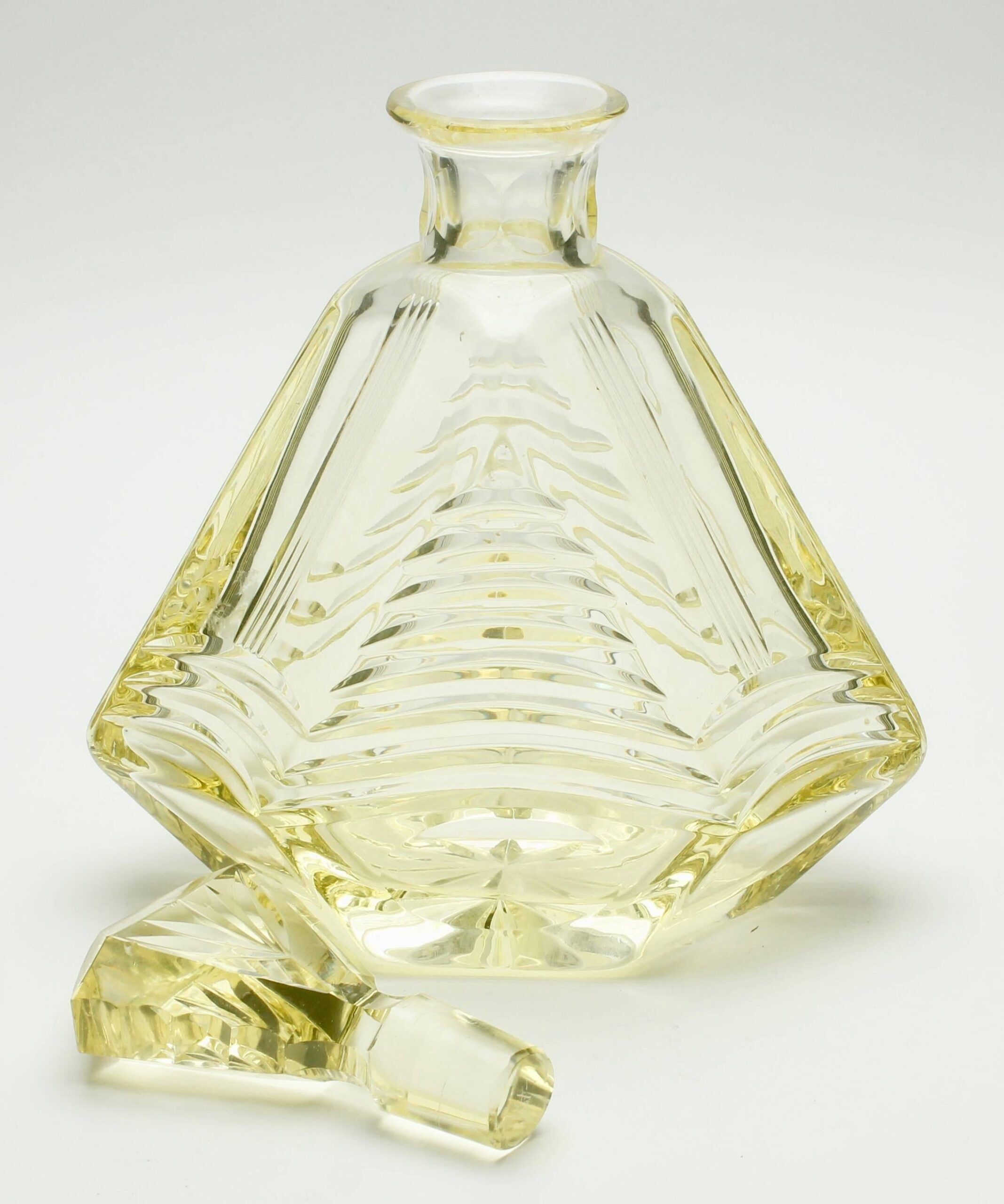 Matching pair of bohemian crystal decanters with art deco motifs