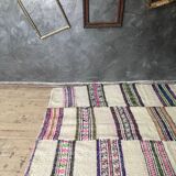 Soft carpet in natural white wool with colorful stripes Romanian carpet woven by hand 227x134cm