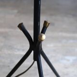 Tripod floor lamp with wooden "pallet" shelf, 50s