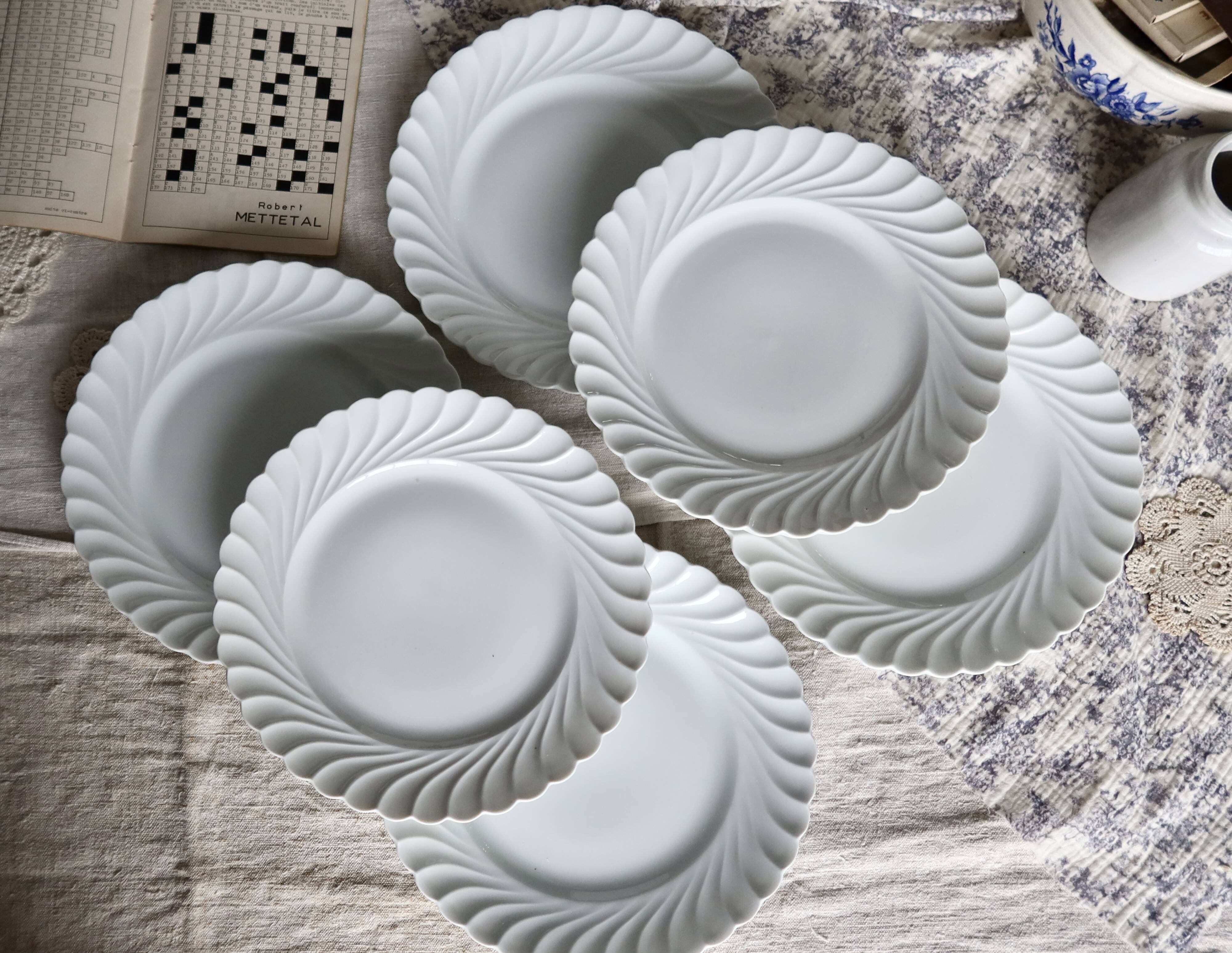 6 assiettes plates vintage porcelaine blanche torsadée Limoges Haviland