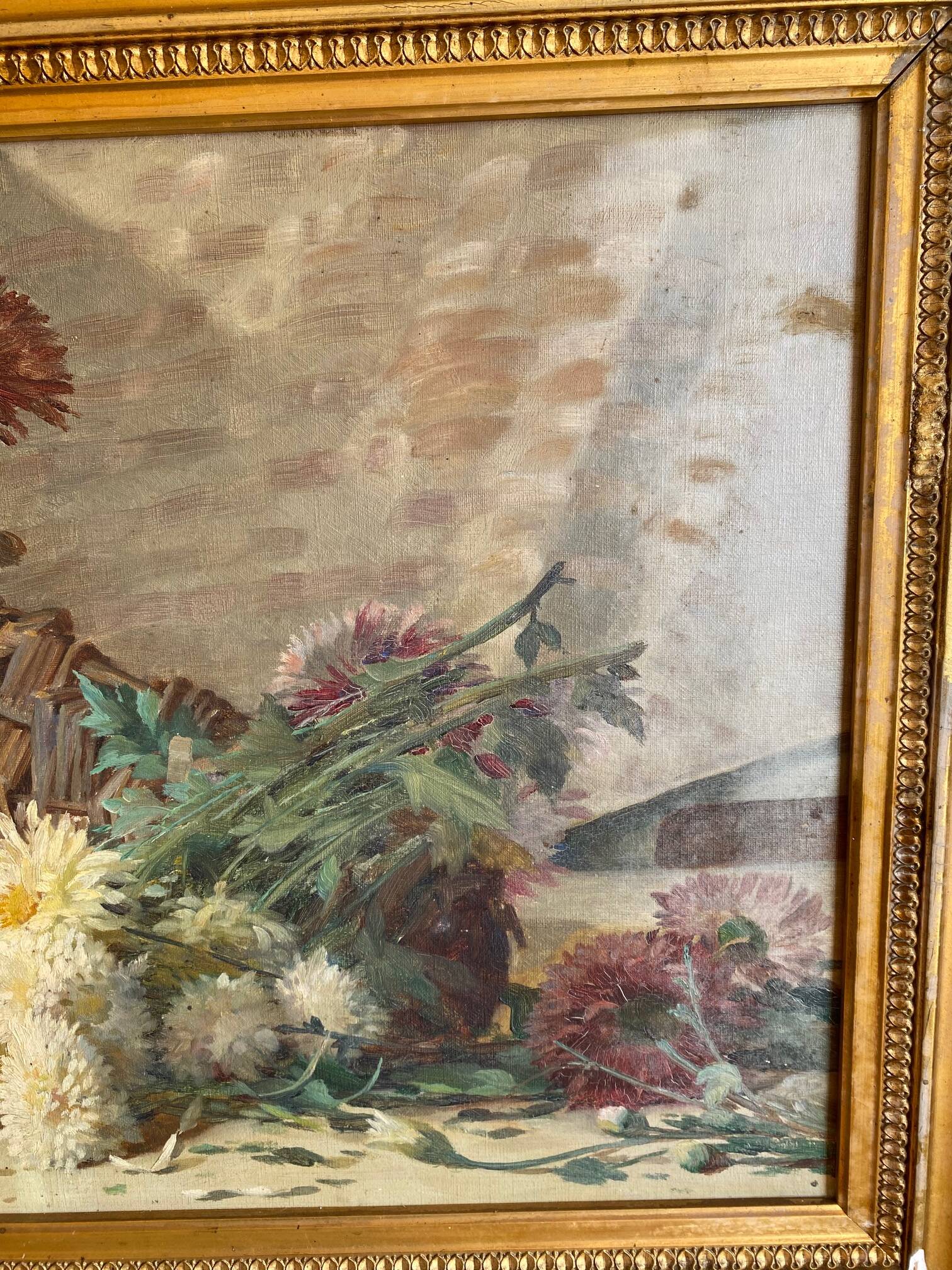 STILL LIFE BOUQUET OF DAHLIAS OIL PAINTING SIGNED MARIUS DALON EARLY 20TH CENTURY