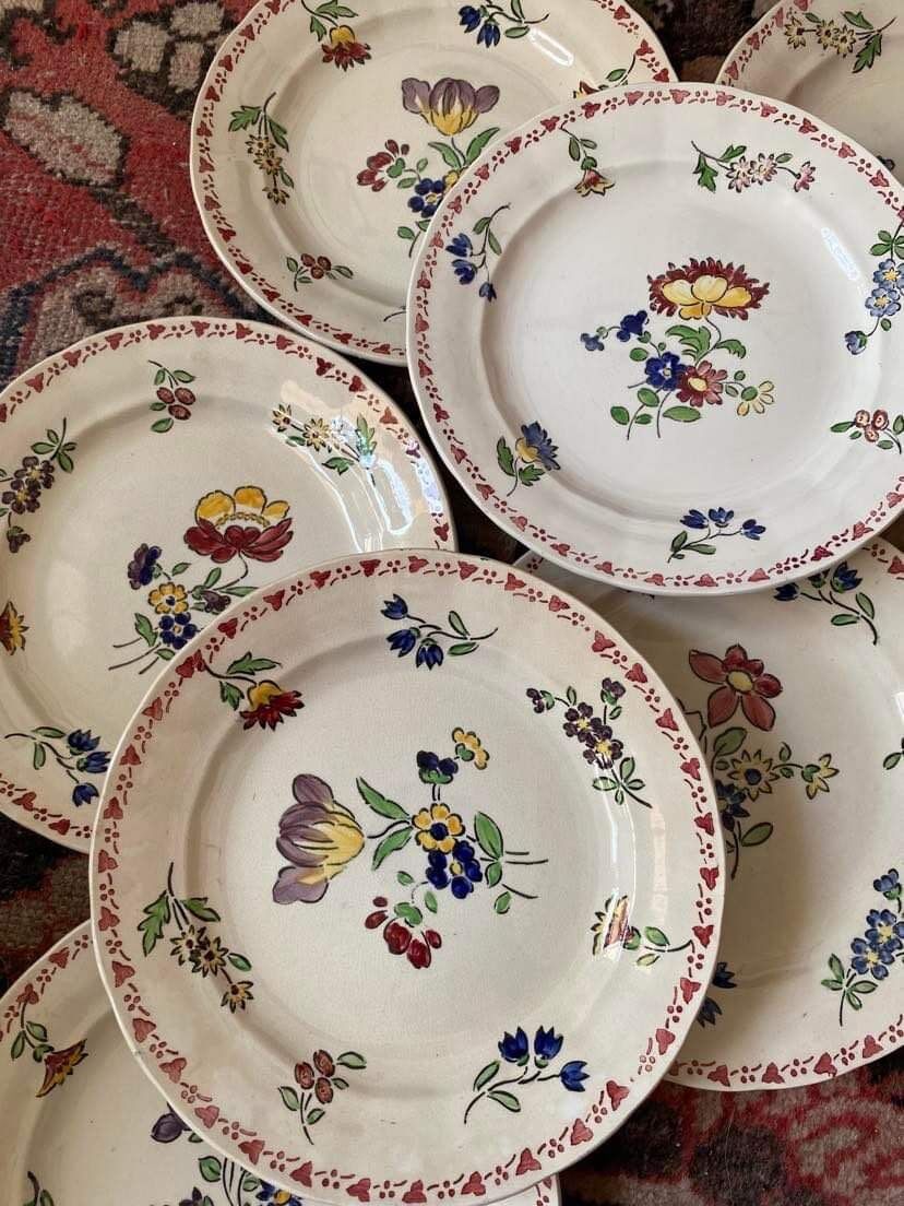 7 hand-painted flowered dinner plates.
