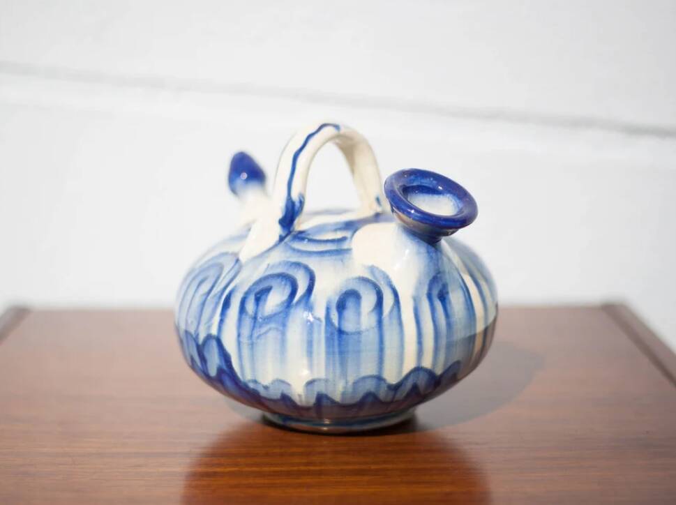 Chevrette pitcher in enamelled terracotta, terracotta gargoulette, folk art pottery, decoration