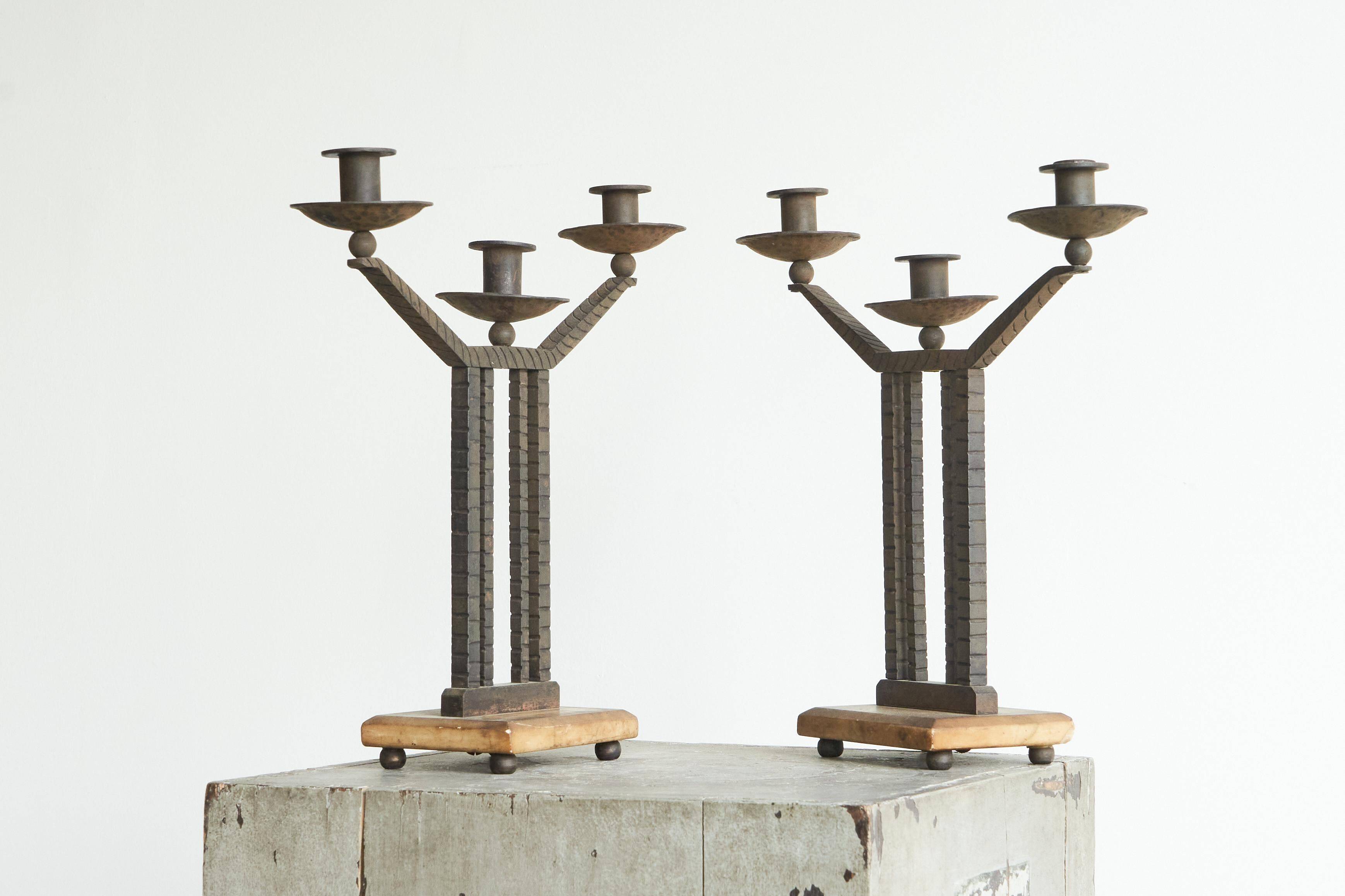 Art Deco pair of candle holders in wrought iron and stone