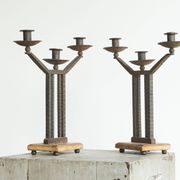 Art Deco pair of candle holders in wrought iron and stone