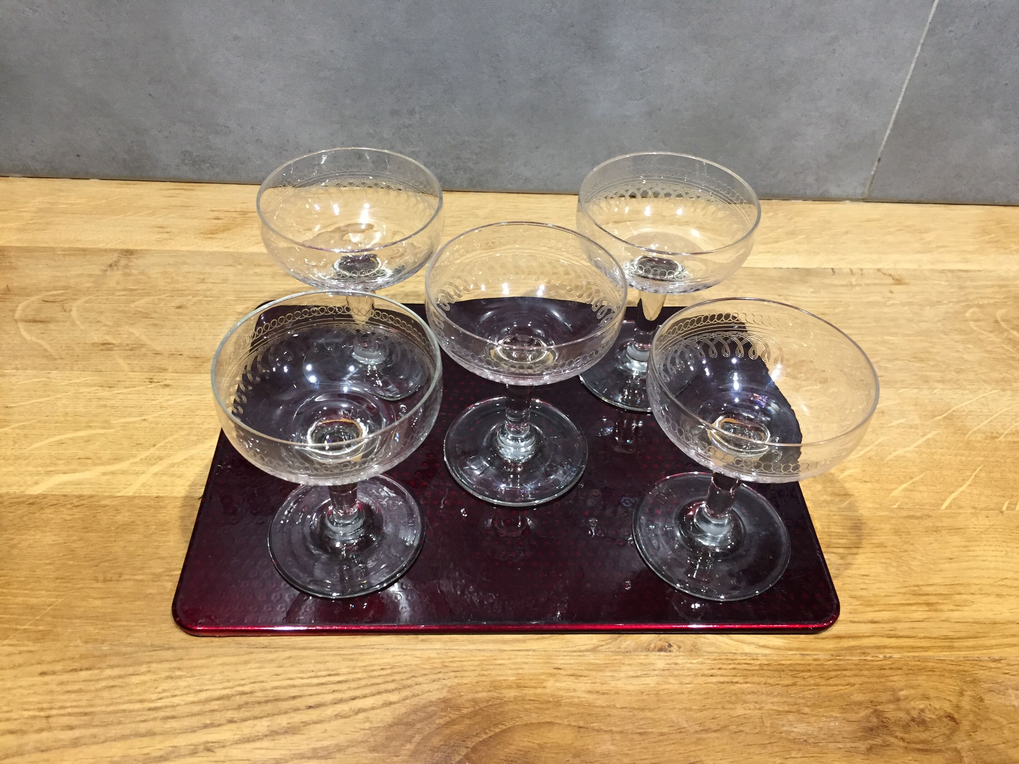 Series of 5 old and engraved champagne glasses