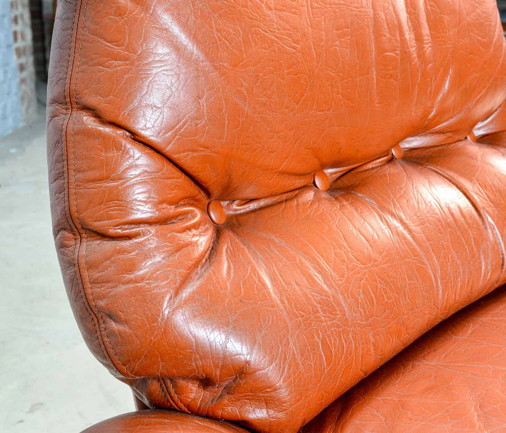 Brutalist Sculptured Brazilian Style Cognac Leather Lounge Chair, 1970s