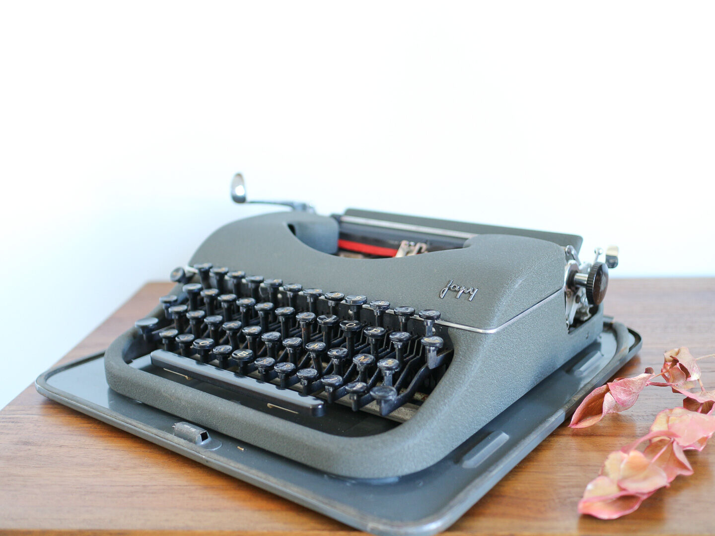 Japy grey-green typewriter with crate