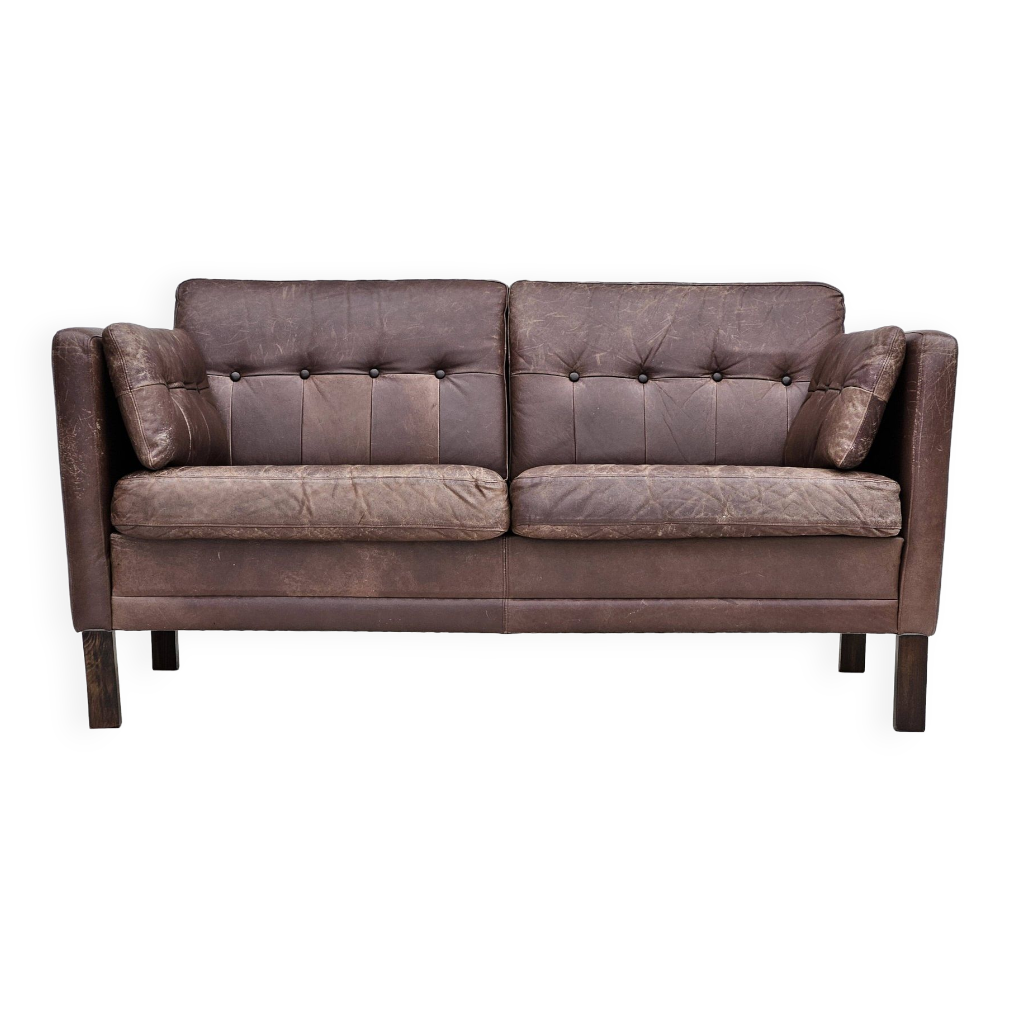 Années 1970, canapé classique danois 2 places, cuir marron d'origine.