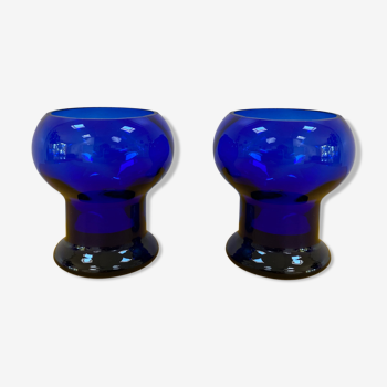 Duo of cobalt blue glass candlestick photophores