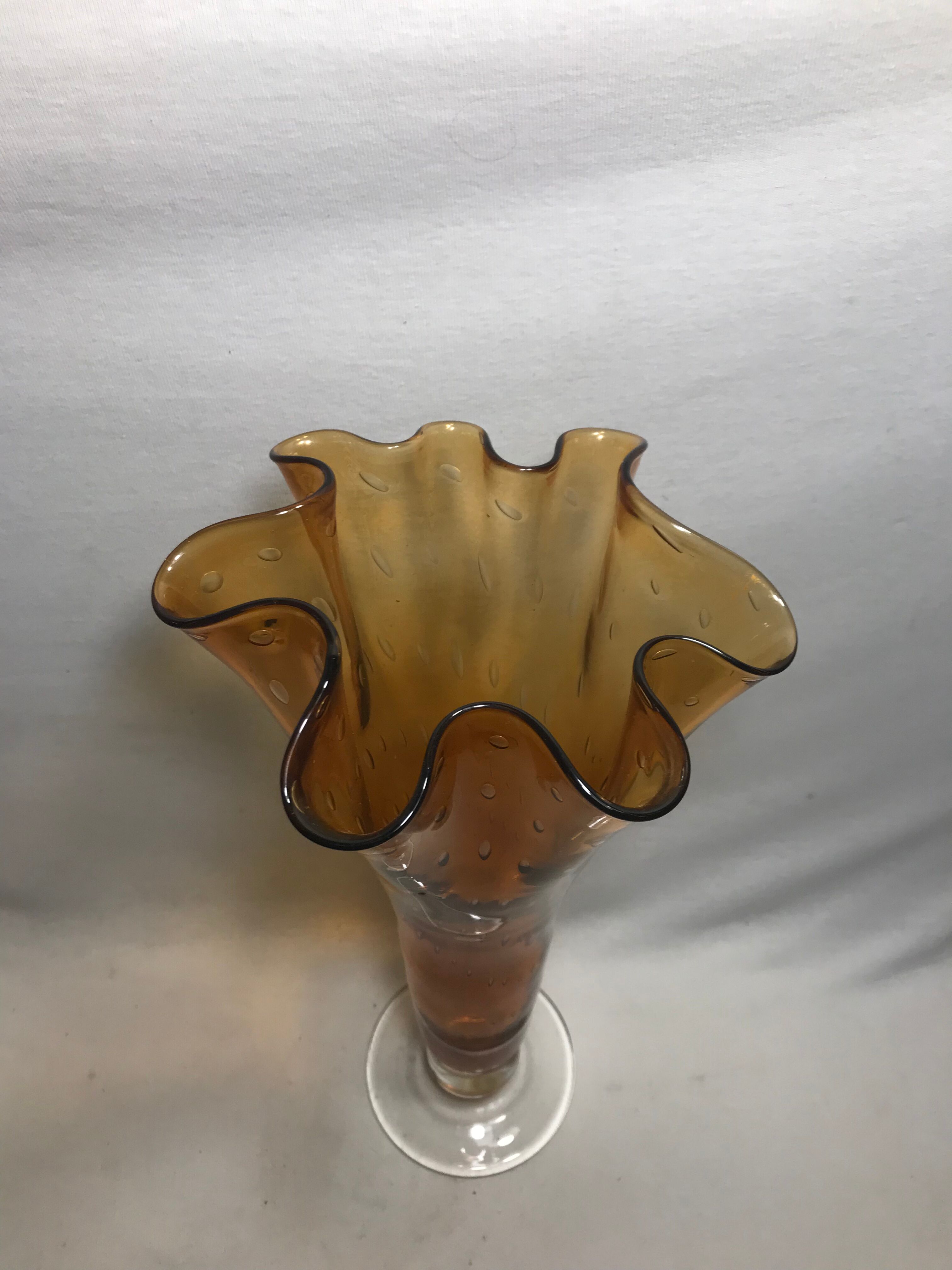 Old glass vase blown bubble orange & transparent vintage
