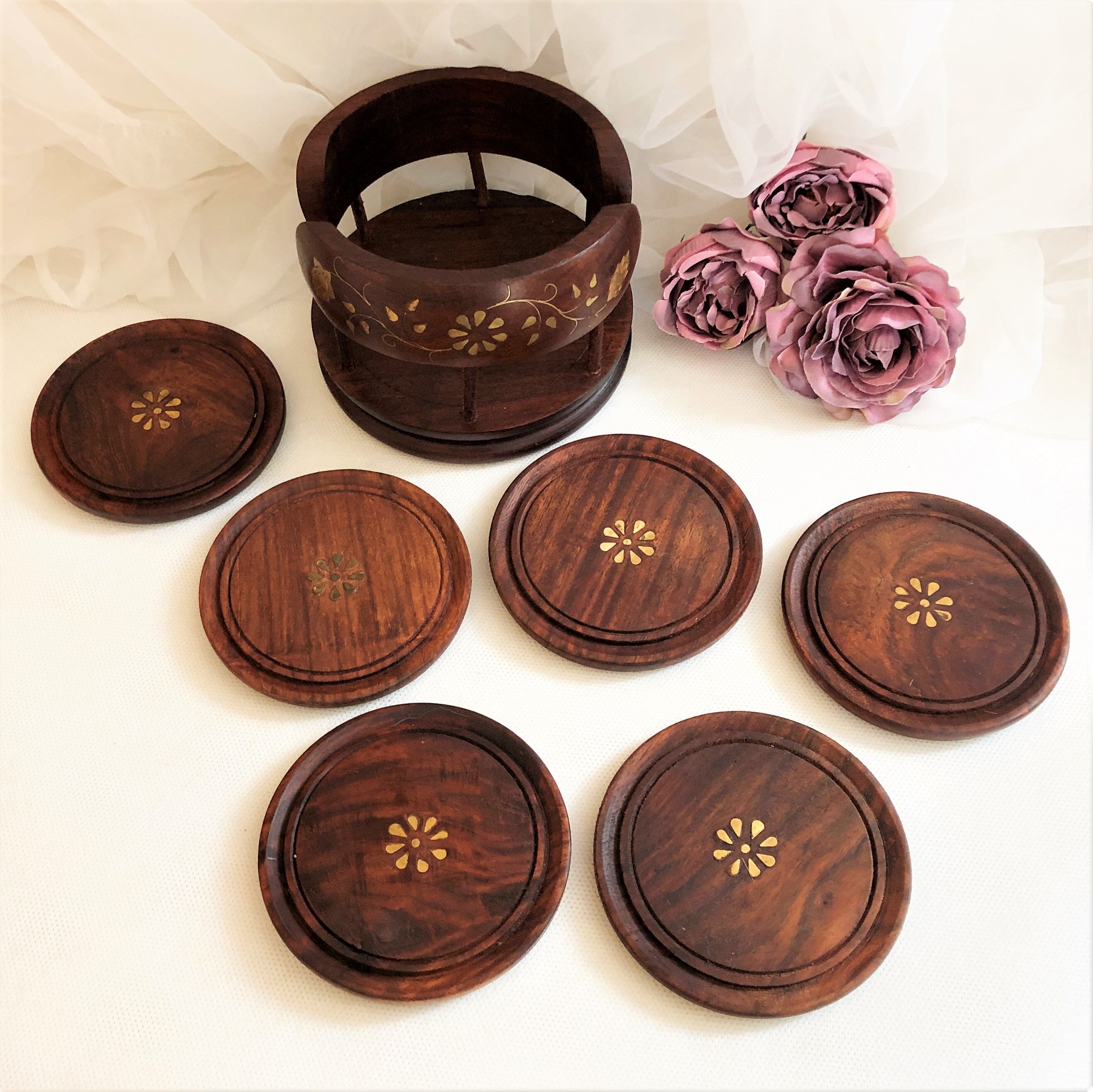 Set of 6 coasters with wooden and brass holder