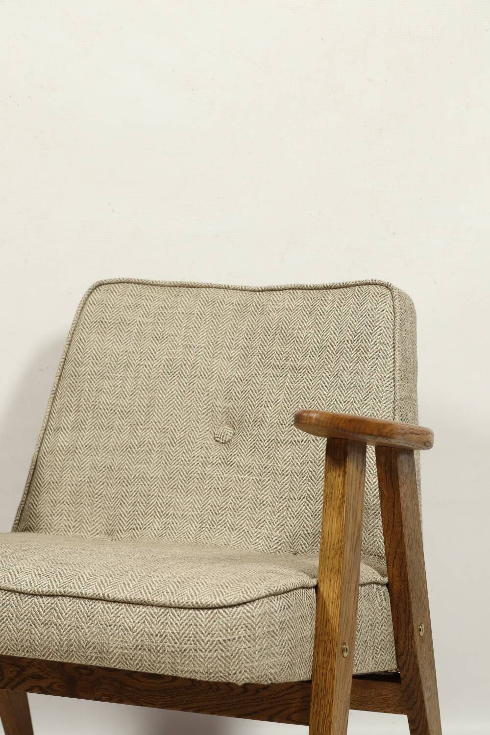 Vintage armchair in natural rustic oak wood herringbone fabric modern design by Chierovsky