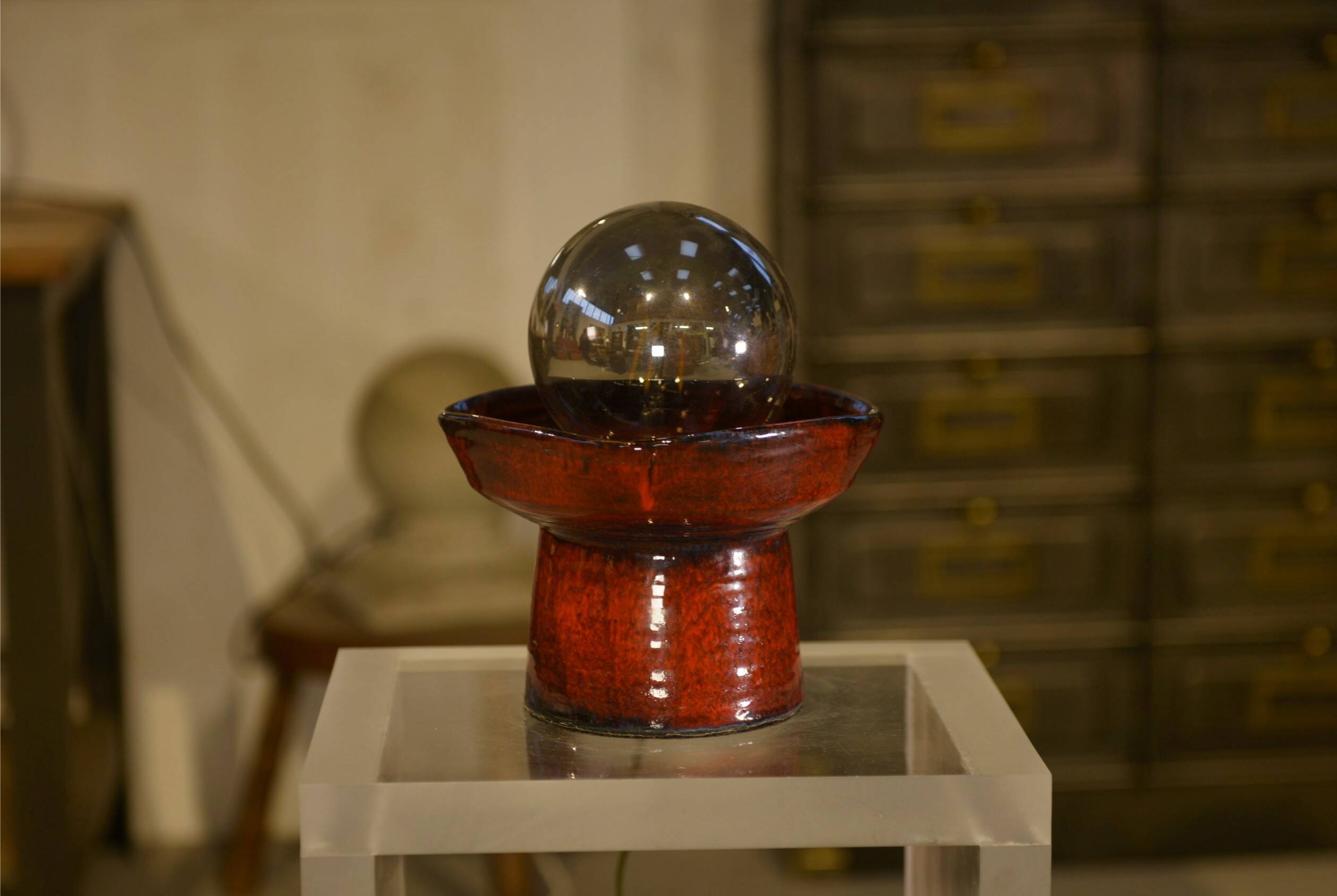 Red ceramic table lamp by Guillerme and Chambron 1980s