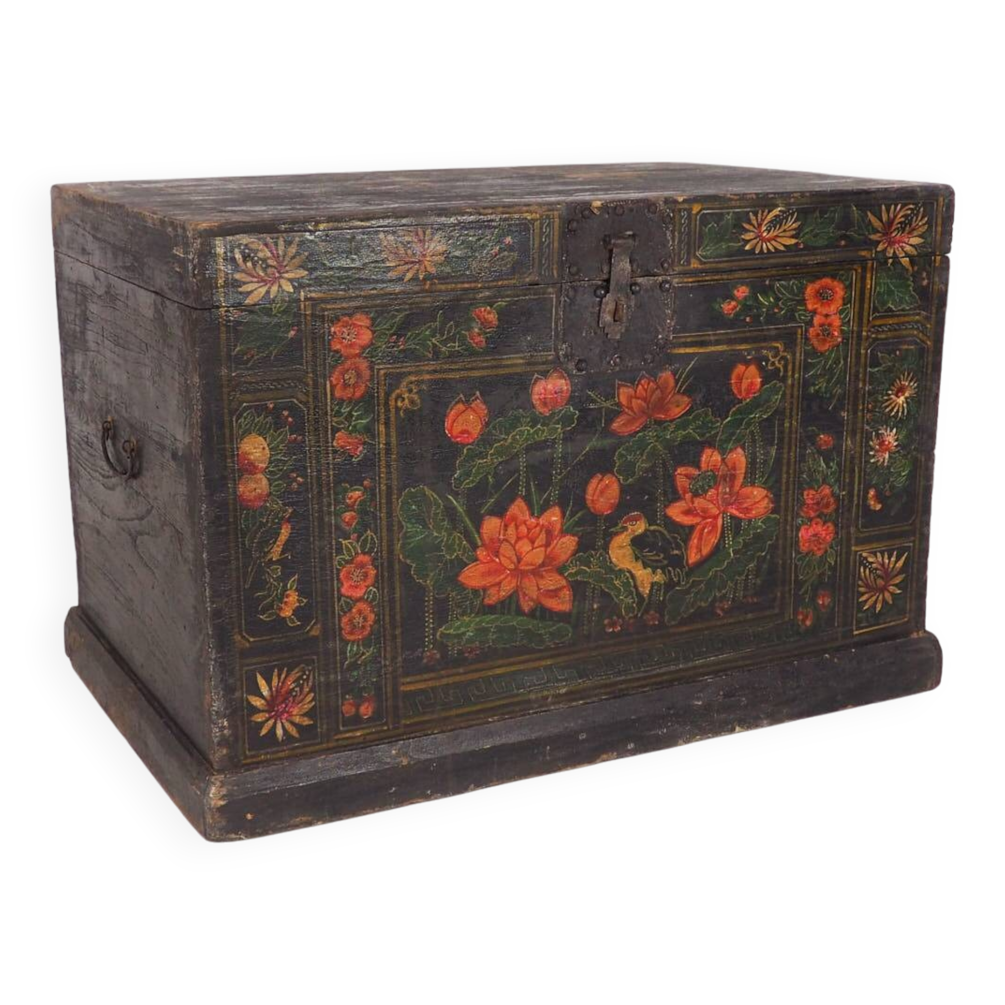 Coffre d’opéra chinois avec illustrations de la flore et de la faune (Chine 1900)