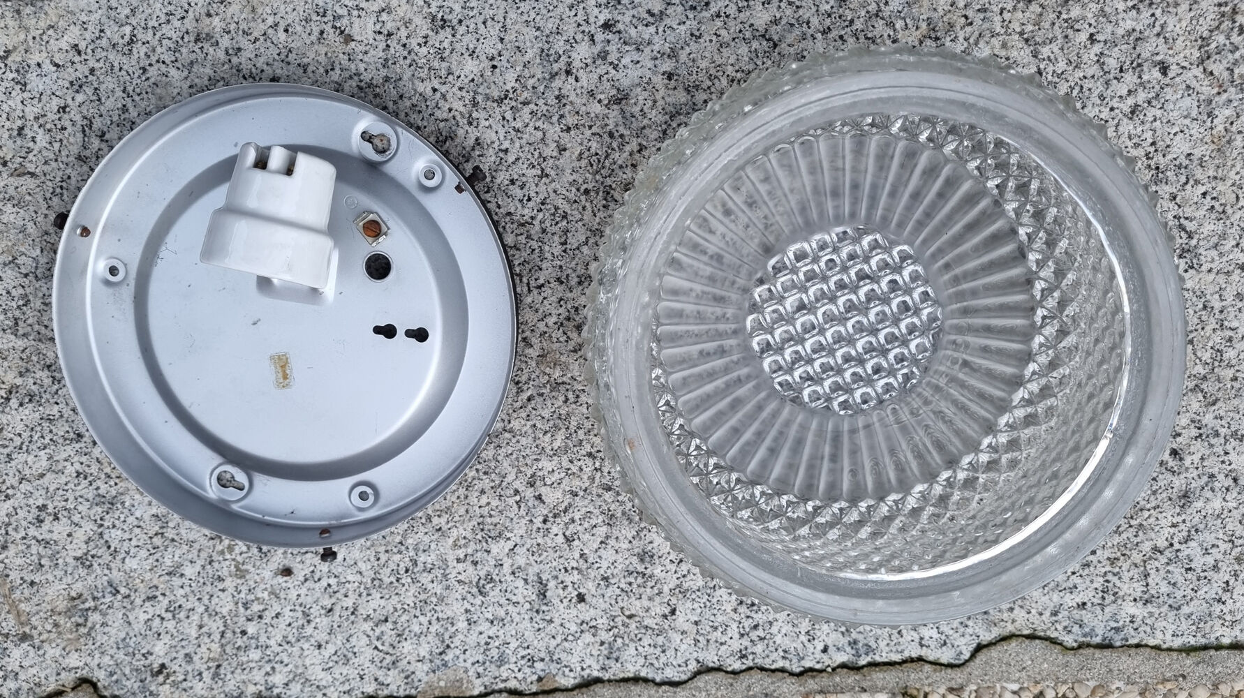 Round and high ceiling lamp, glass from the 50s, vintage.