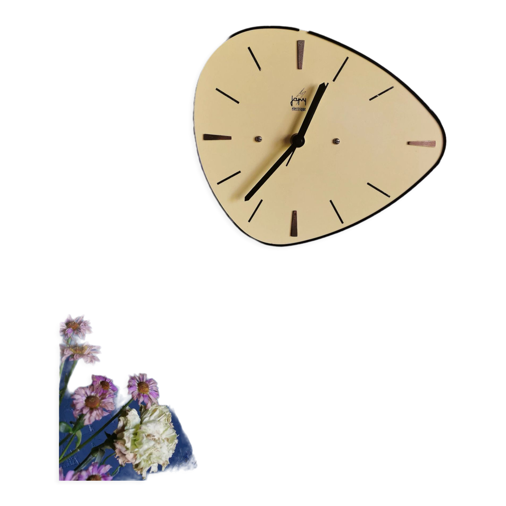 Vintage formica clock asymmetrical silent wall clock "Japy electric yellow"