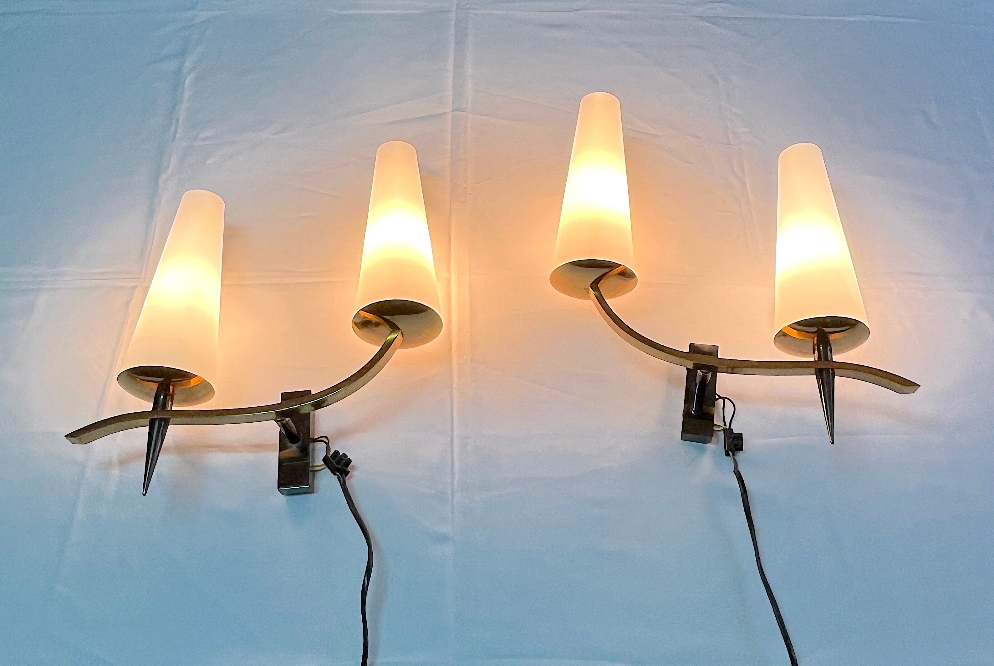 Pair of double sconces in brass and opaline, Maison Arlus, France, Mid-Century