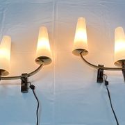 Pair of double sconces in brass and opaline, Maison Arlus, France, Mid-Century