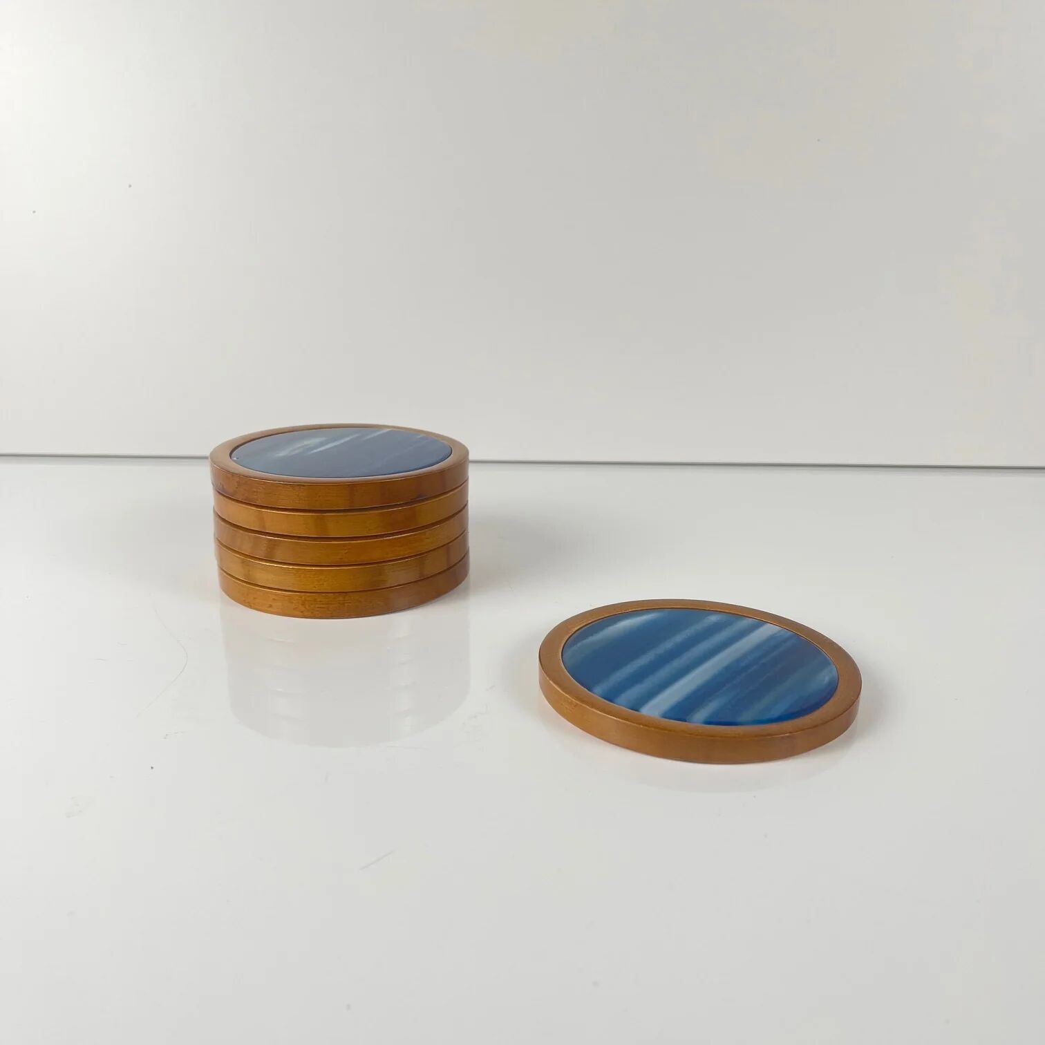 Set of 6 blue agate and wood coasters, mid-century modern.