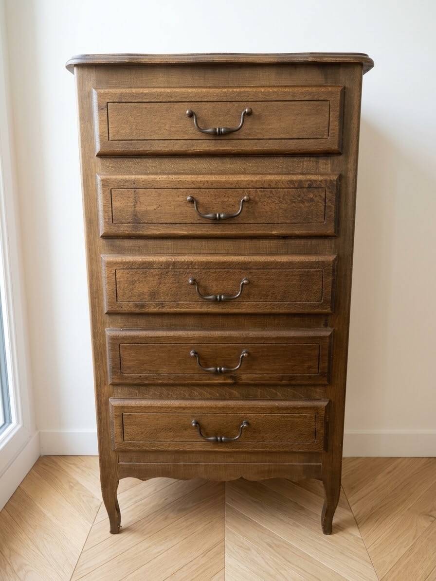 Antique chest of drawers with 5 wooden drawers.