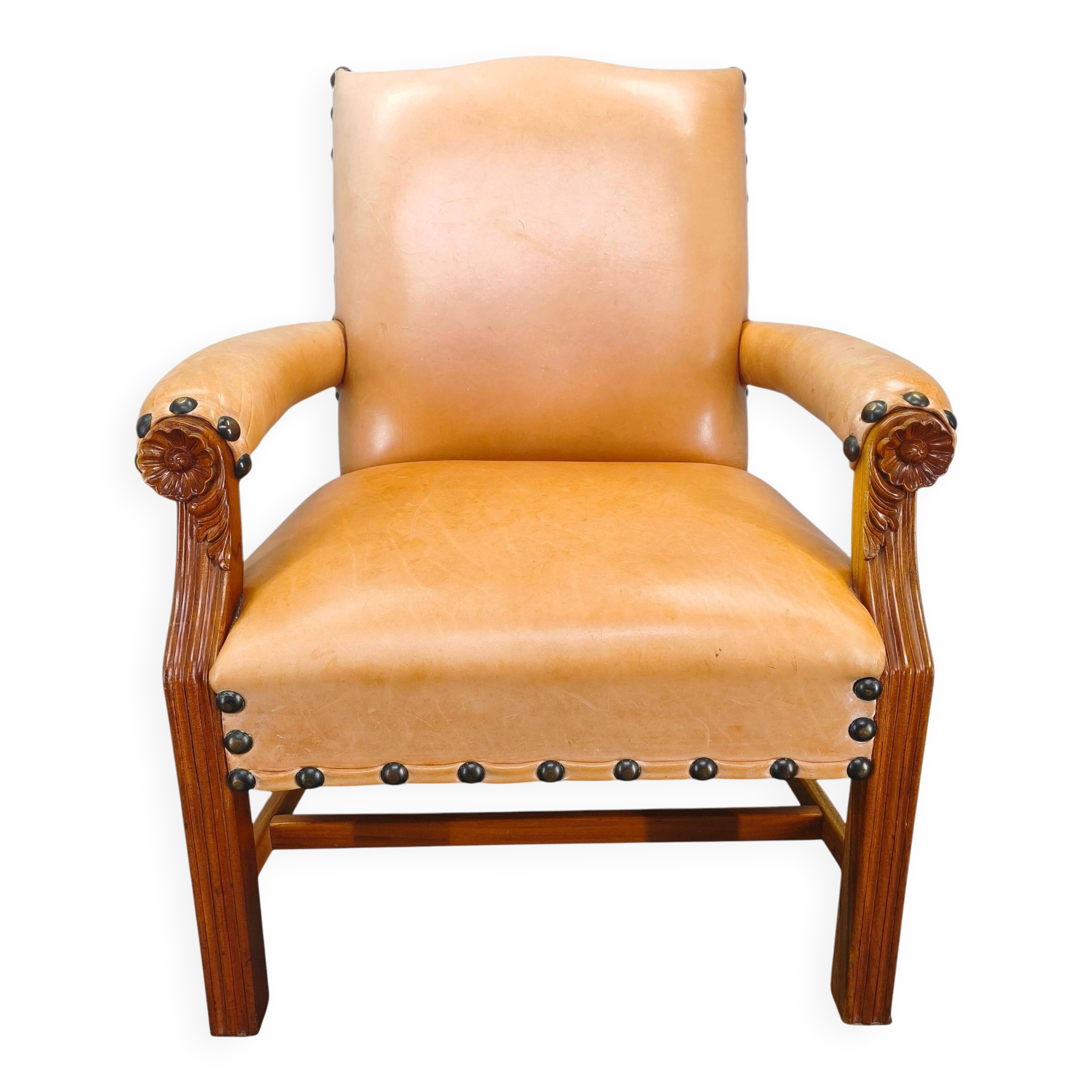 Antique Danish Leather Armchair Carved Wood Club Chair, Early 1900s