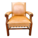 Antique Danish Leather Armchair Carved Wood Club Chair, Early 1900s
