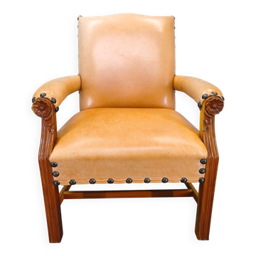 Fauteuil en cuir danois ancien, chaise de club en bois sculpté, début des années 1900.